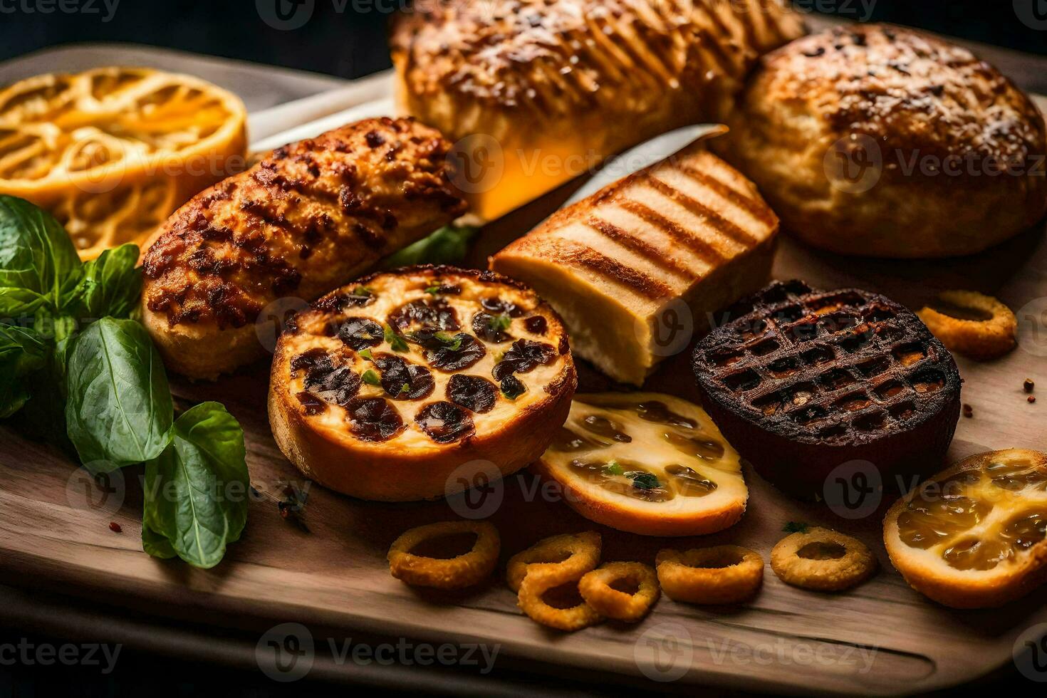 grelhado queijo, pão e de outros Comida em uma de madeira corte borda. gerado por IA foto