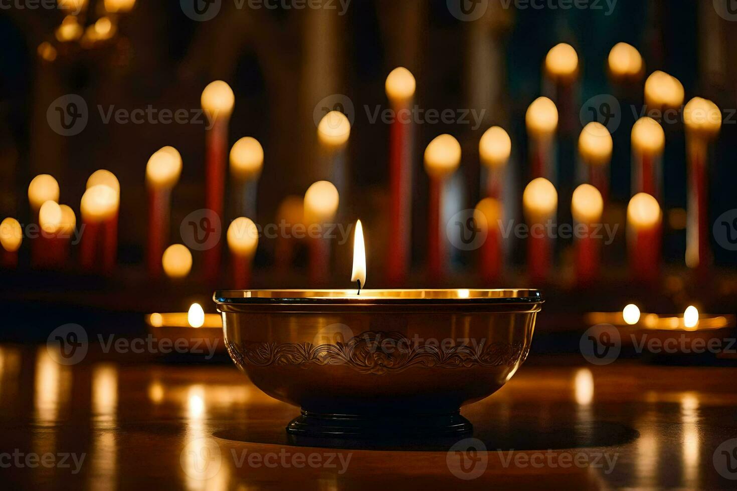 uma vela é aceso dentro frente do uma ampla grupo do velas. gerado por IA foto