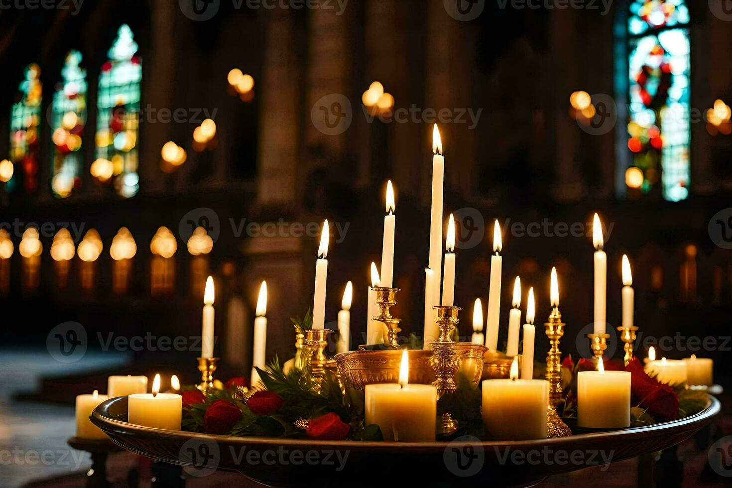 velas estão aceso dentro uma Igreja com velas. gerado por IA foto