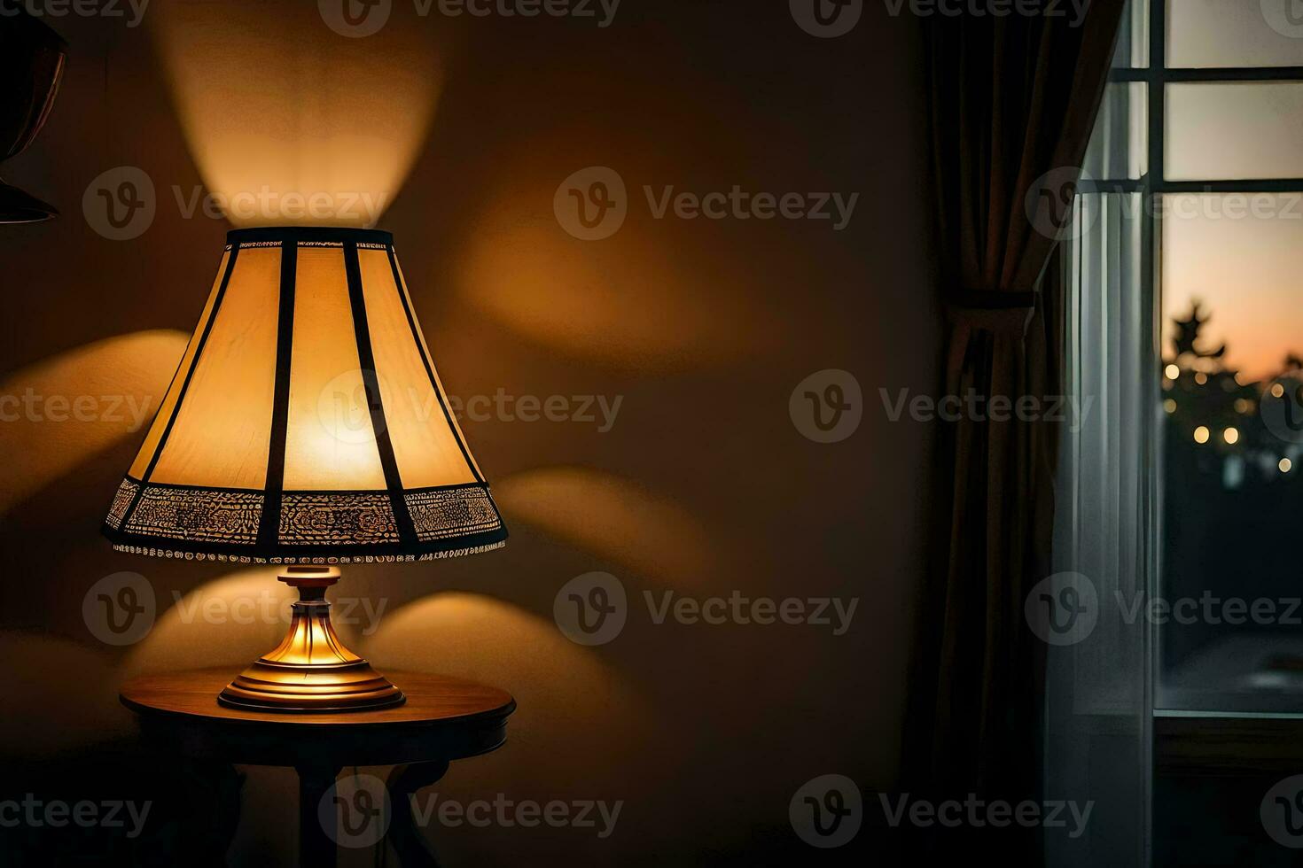 uma luminária é sentado em uma mesa dentro frente do uma janela. gerado por IA foto