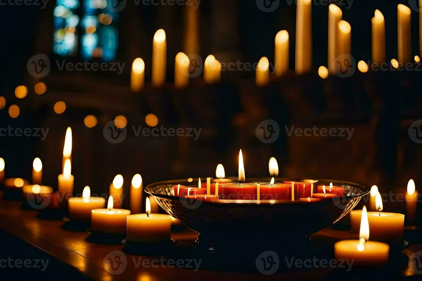 velas estão aceso dentro uma Igreja com velas. gerado por IA foto