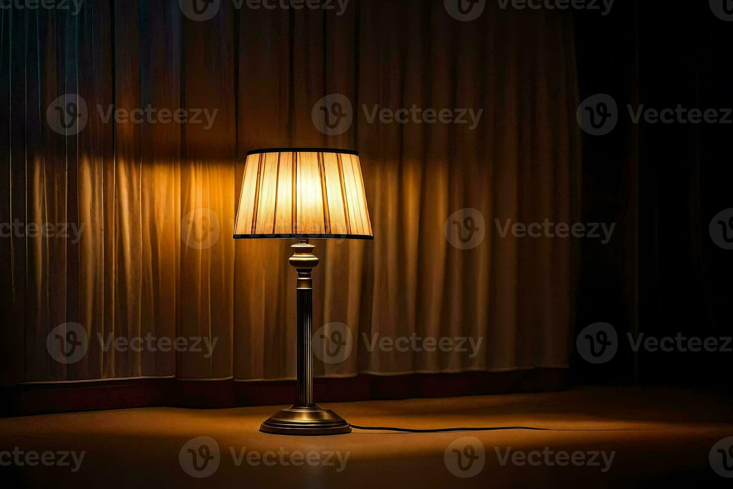 uma luminária é sentado em uma mesa dentro a escuro. gerado por IA foto