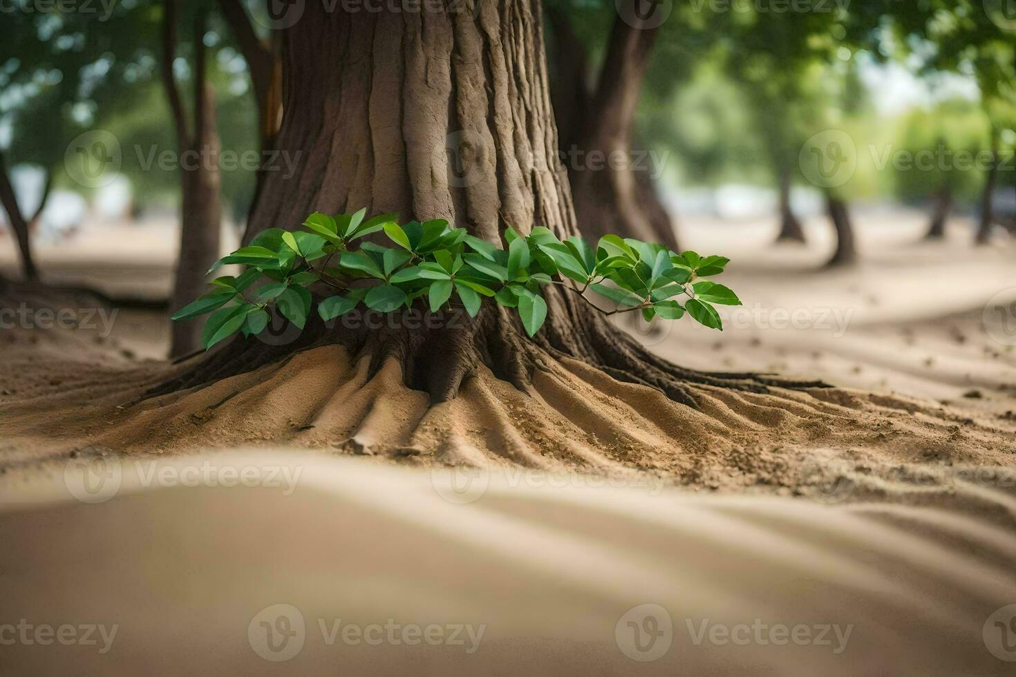 uma árvore com raízes crescendo Fora do a areia. gerado por IA foto