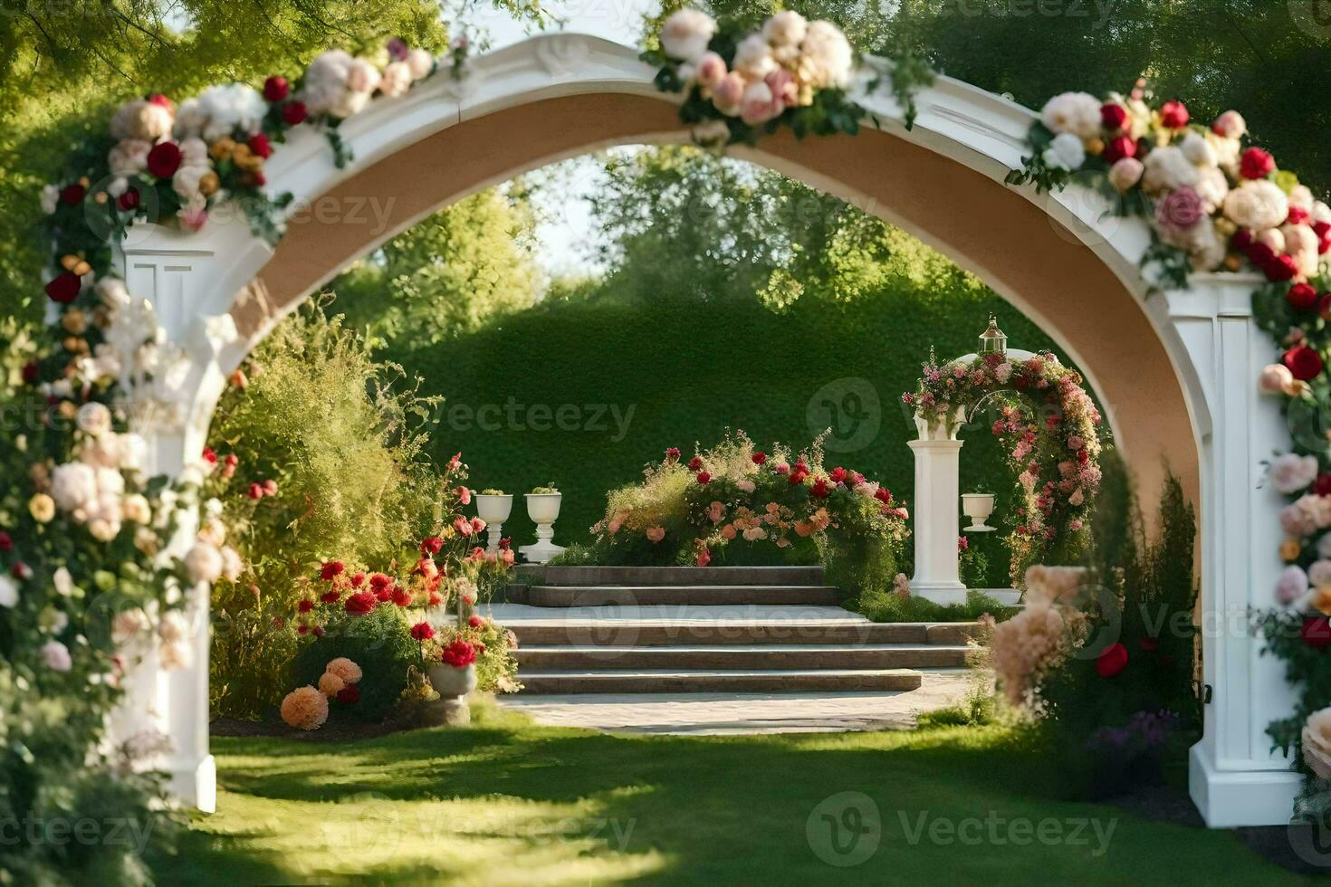 a arco com flores e vegetação. gerado por IA foto