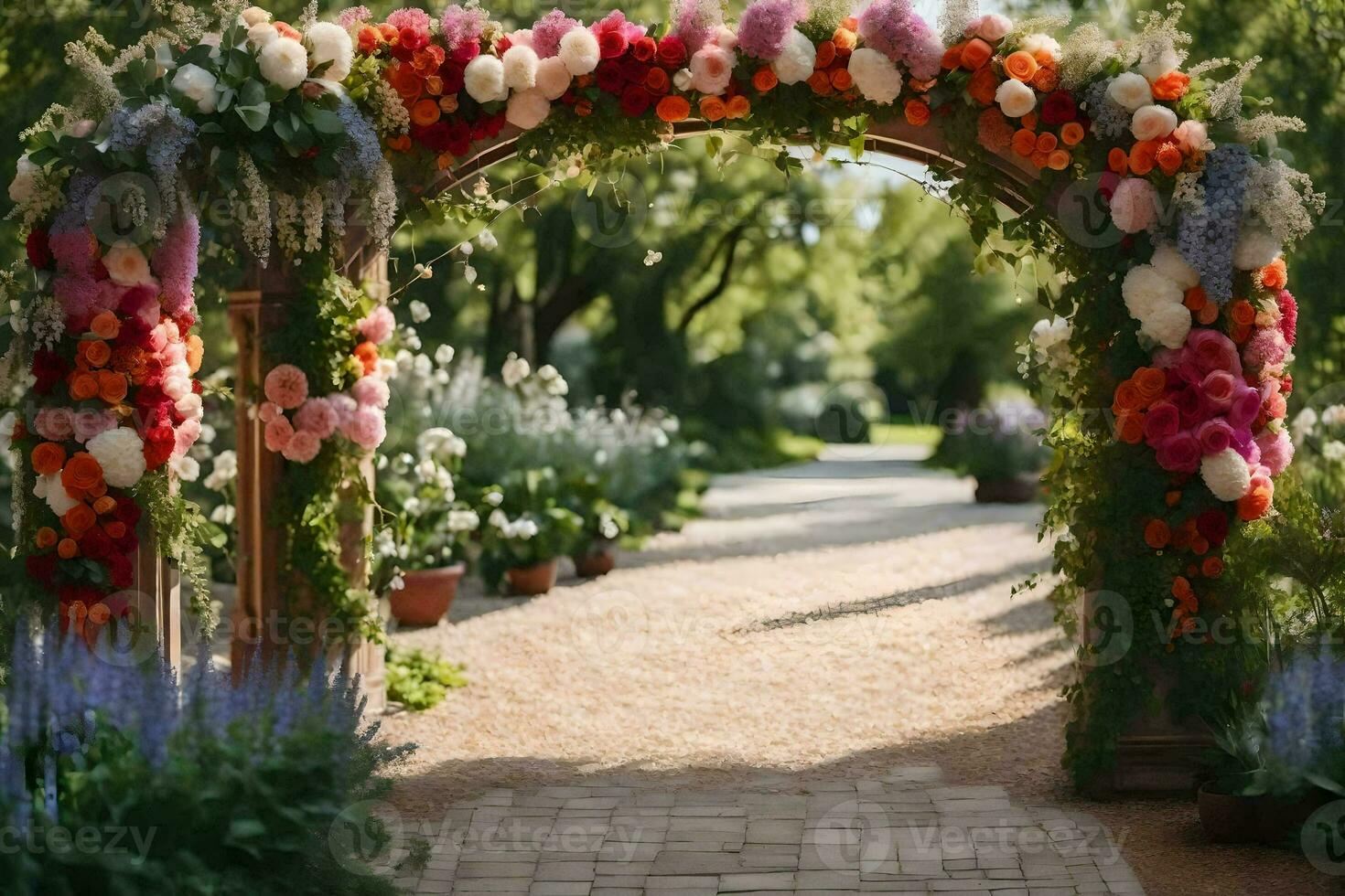 uma flor arco é decorado com colorida flores gerado por IA foto