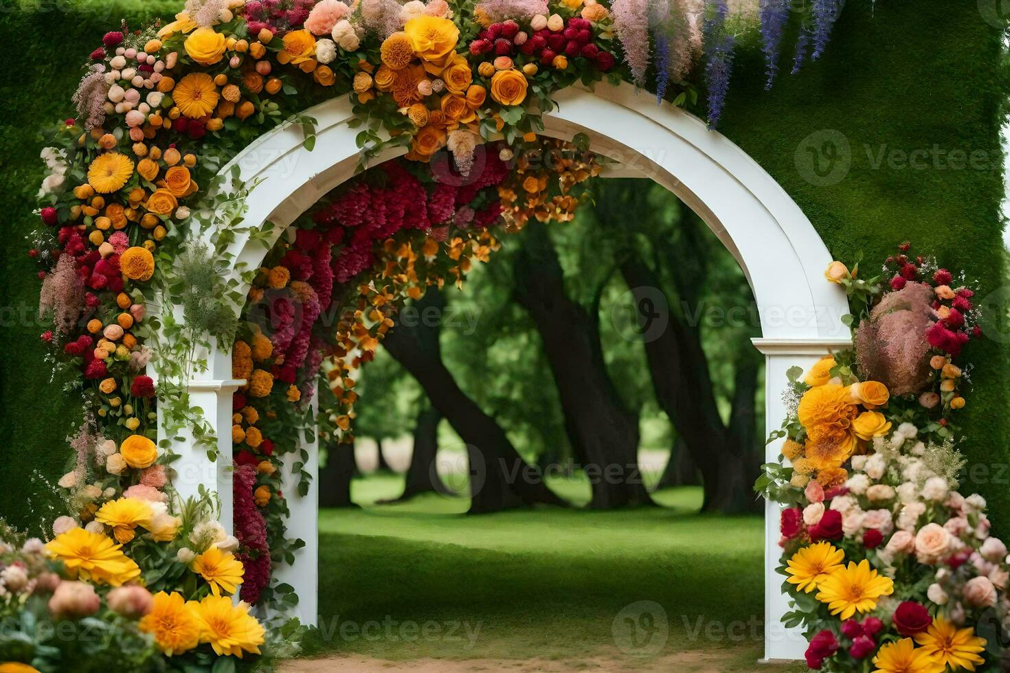uma flor arco é decorado com flores gerado por IA foto