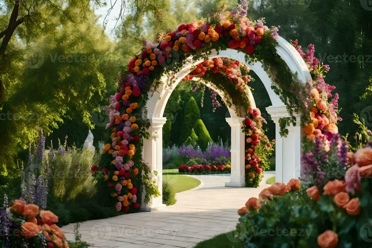 a arco com flores e vegetação dentro a jardim. gerado por IA foto