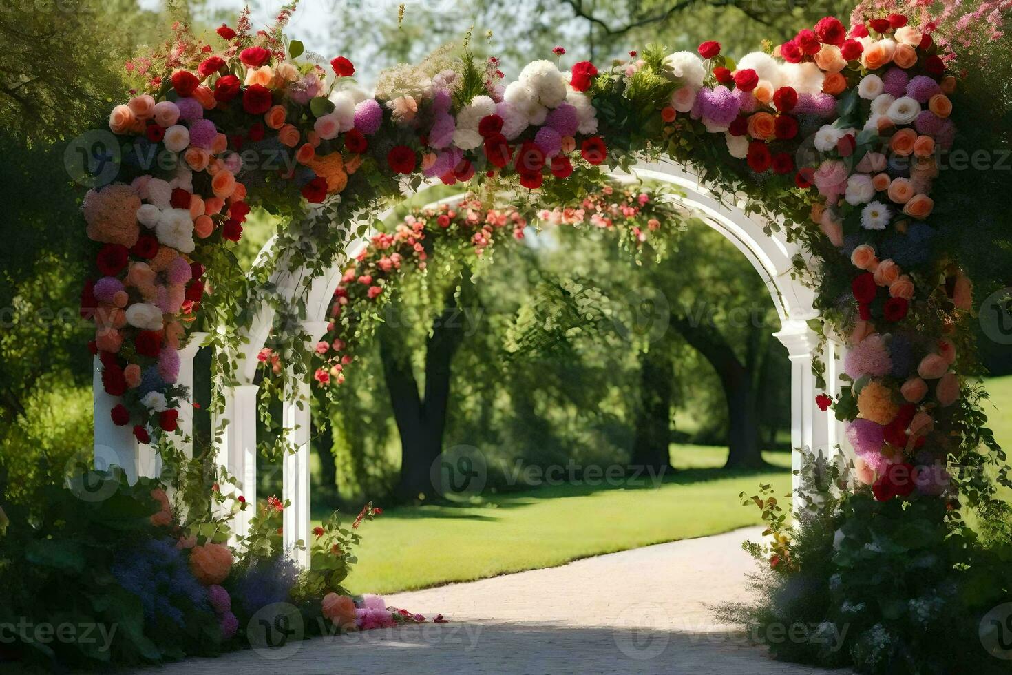 uma lindo arco com flores em isto. gerado por IA foto