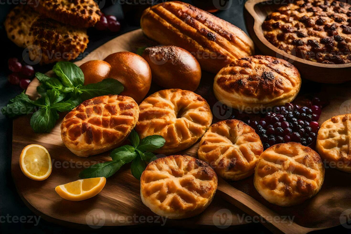 vários tipos do pães e pastelaria em uma de madeira borda. gerado por IA foto