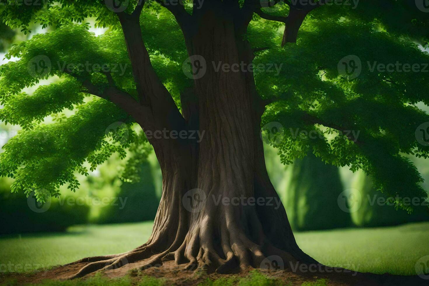 uma ampla árvore com verde folhas dentro a meio do uma campo. gerado por IA foto