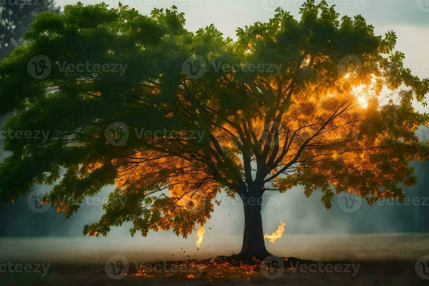 uma árvore com chamas chegando Fora do isto dentro a meio do uma campo. gerado por IA foto