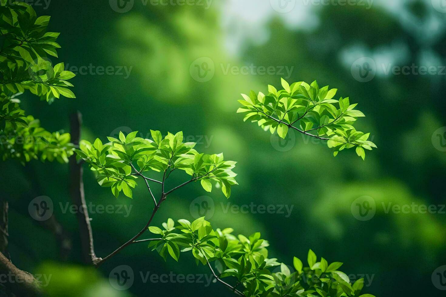 verde folhas em uma árvore ramo dentro frente do uma verde fundo. gerado por IA foto