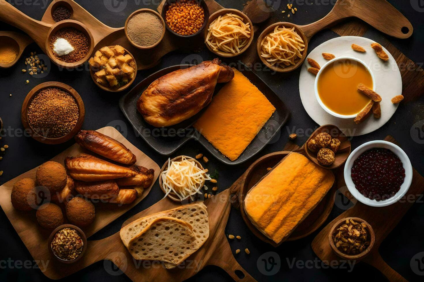 uma variedade do alimentos Incluindo pão, queijo, e nozes. gerado por IA foto