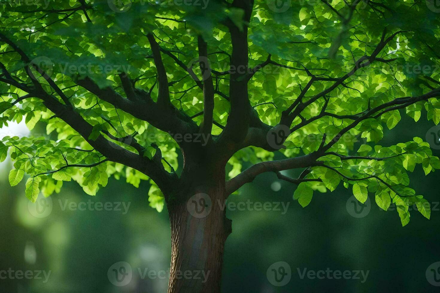 uma árvore é mostrando dentro a primeiro plano com verde folhas. gerado por IA foto