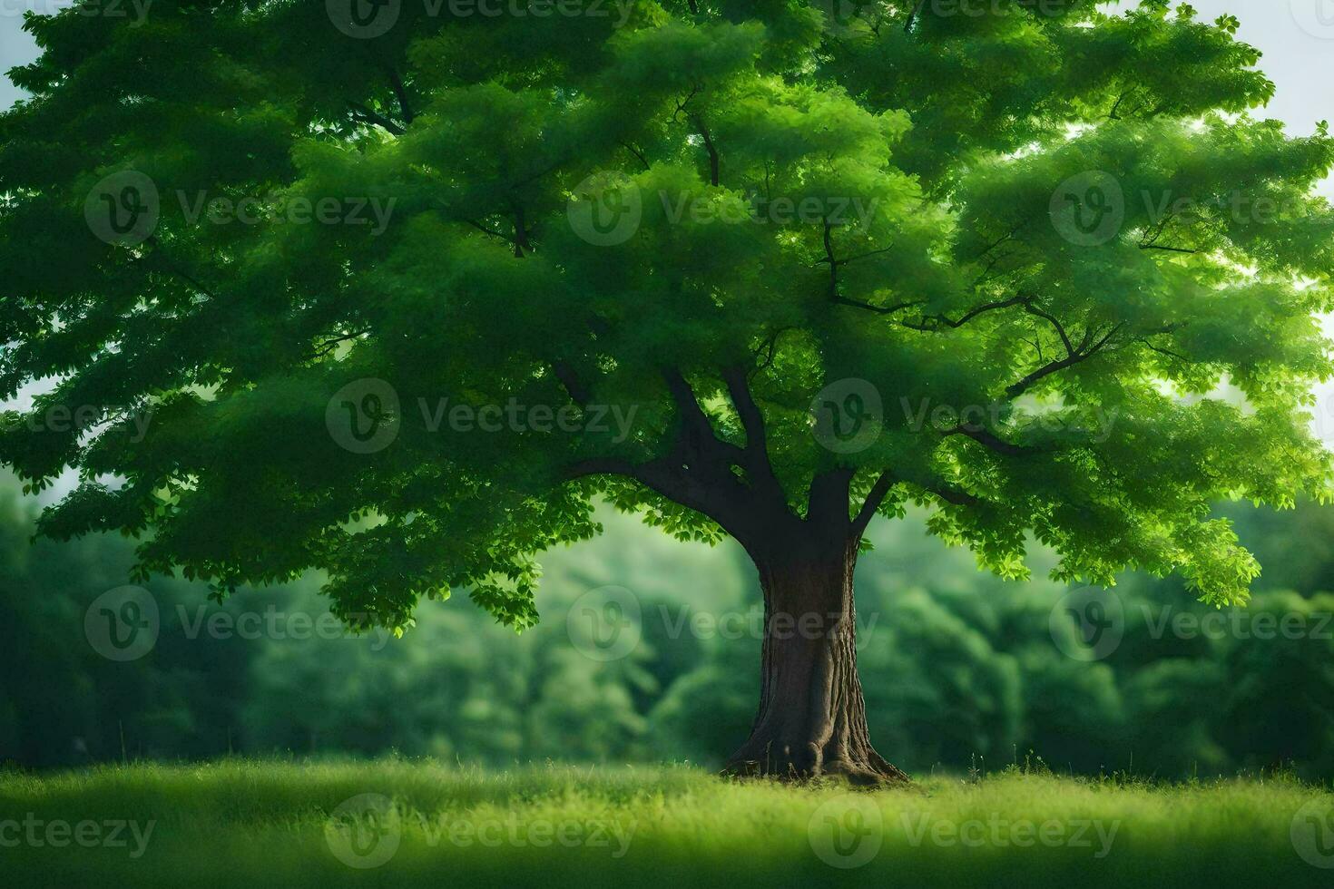 uma ampla árvore dentro a meio do uma verde campo. gerado por IA foto