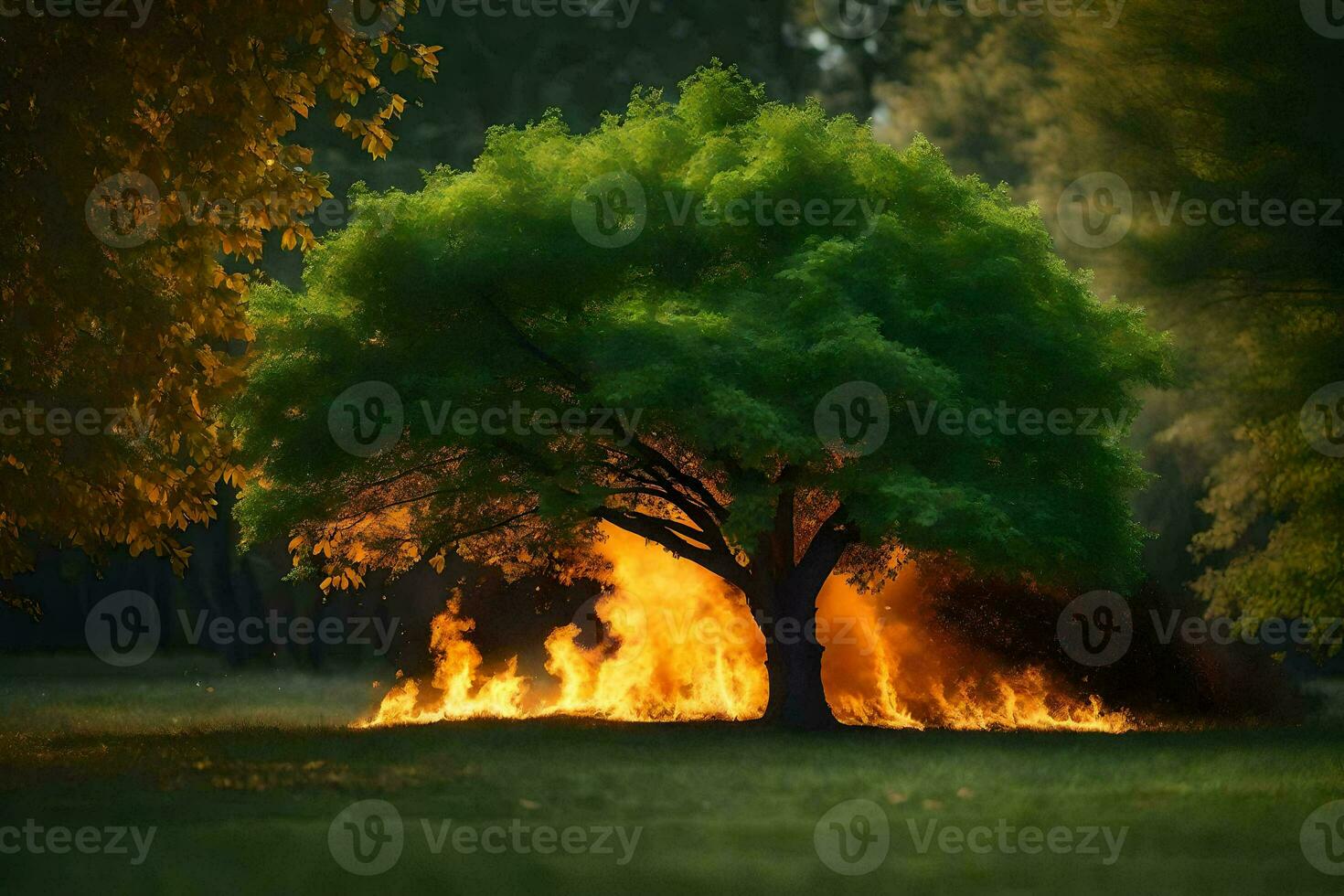 uma árvore é queimando dentro a meio do uma campo. gerado por IA foto