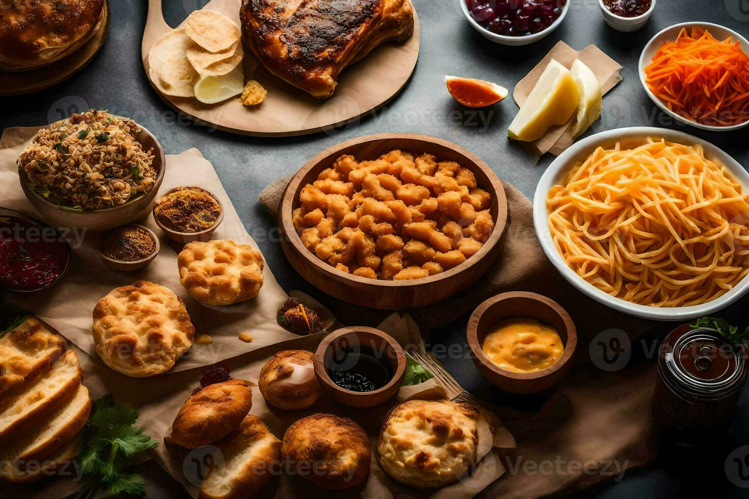 uma mesa com vários alimentos Incluindo pão, carne, e legumes. gerado por IA foto