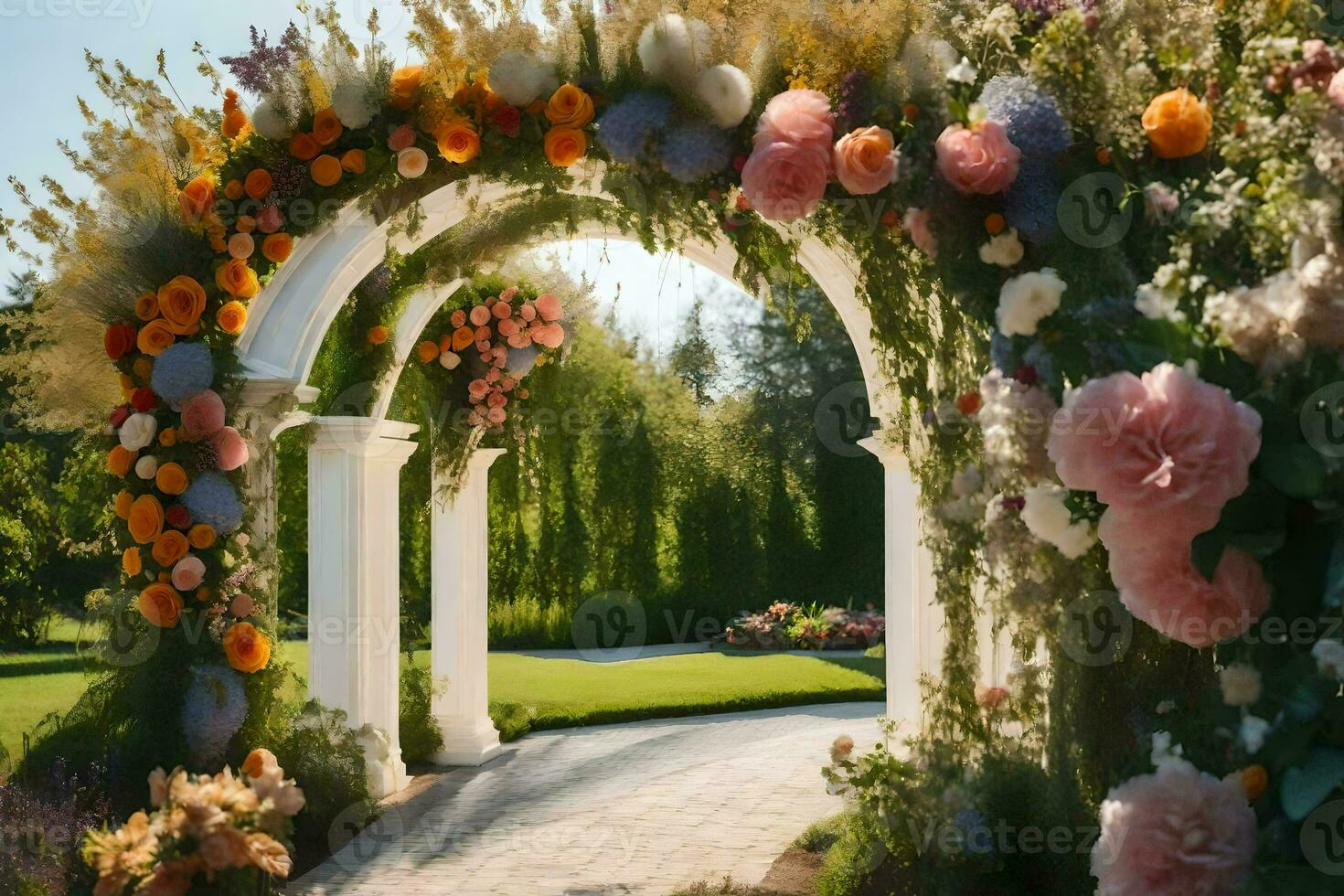 uma lindo arco com flores e vegetação. gerado por IA foto