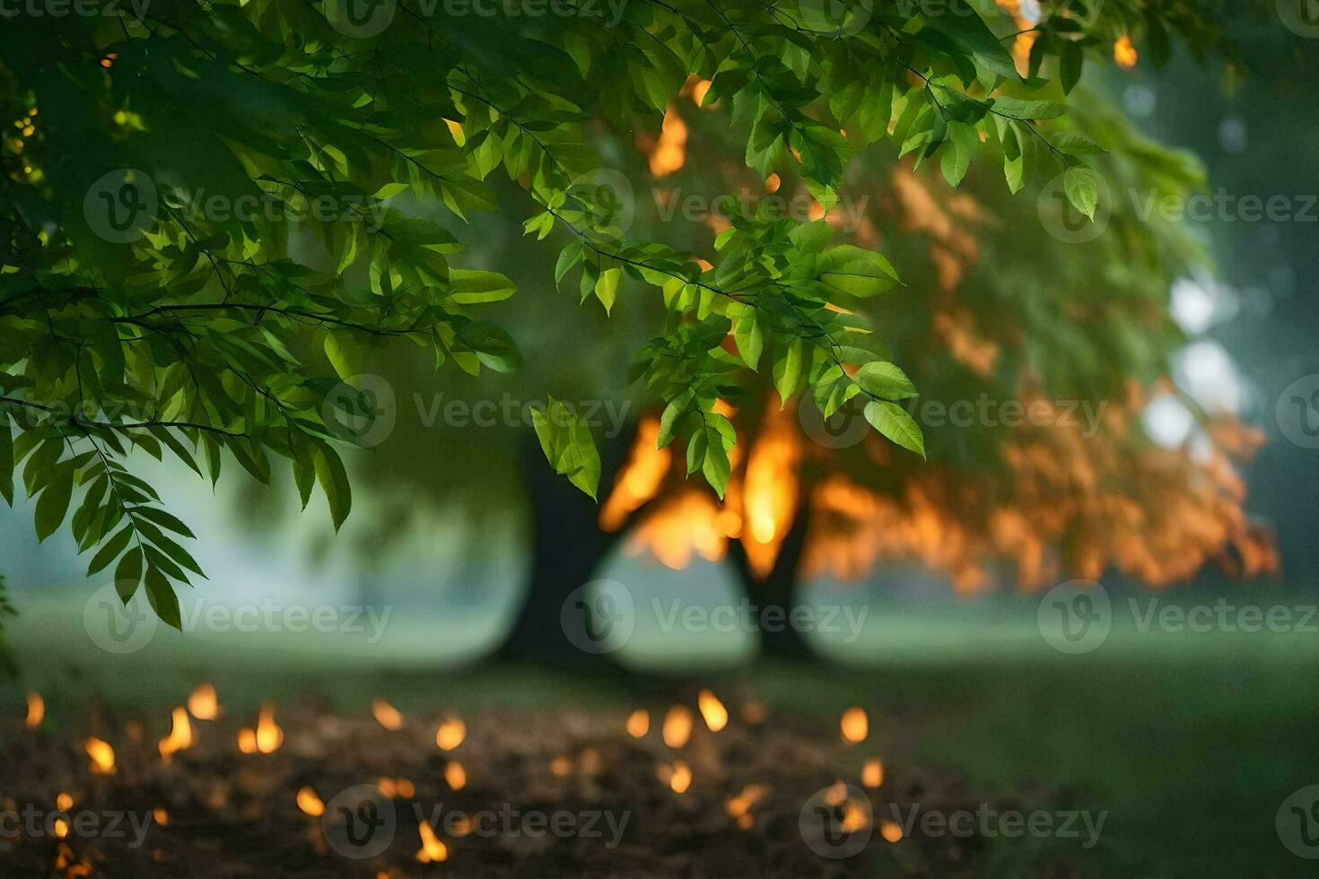 uma árvore com verde folhas e velas dentro a grama. gerado por IA foto