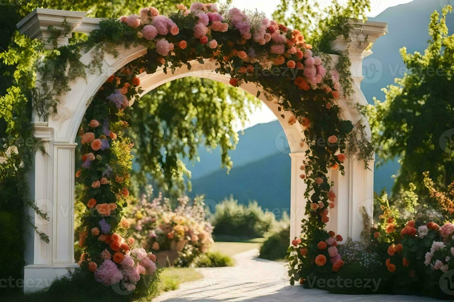 a arco com flores e vegetação dentro a fundo. gerado por IA foto