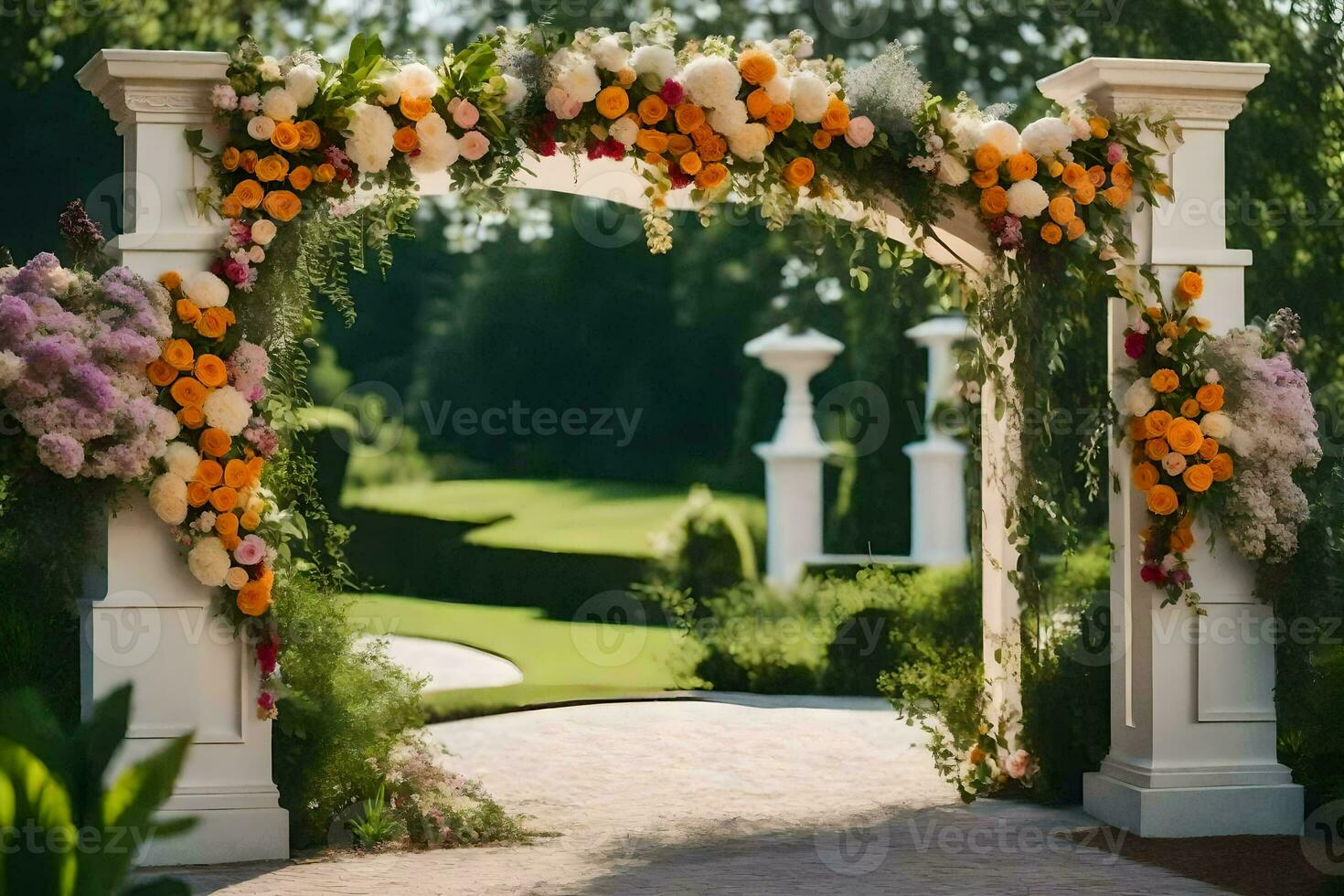 uma Casamento arco decorado com flores e vegetação. gerado por IA foto