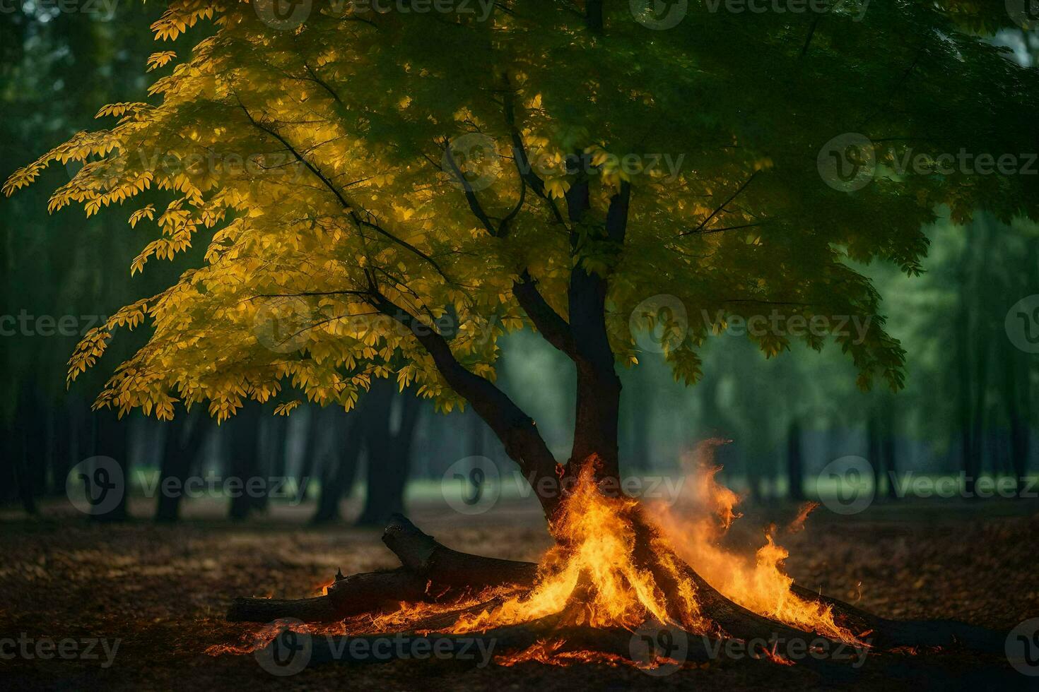 uma árvore com chamas dentro a meio do uma floresta. gerado por IA foto