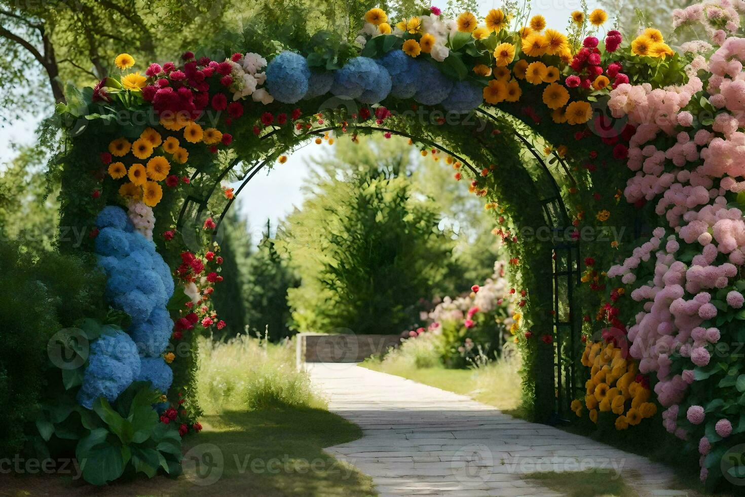 uma passarela com flores e uma portão este conduz para uma jardim. gerado por IA foto
