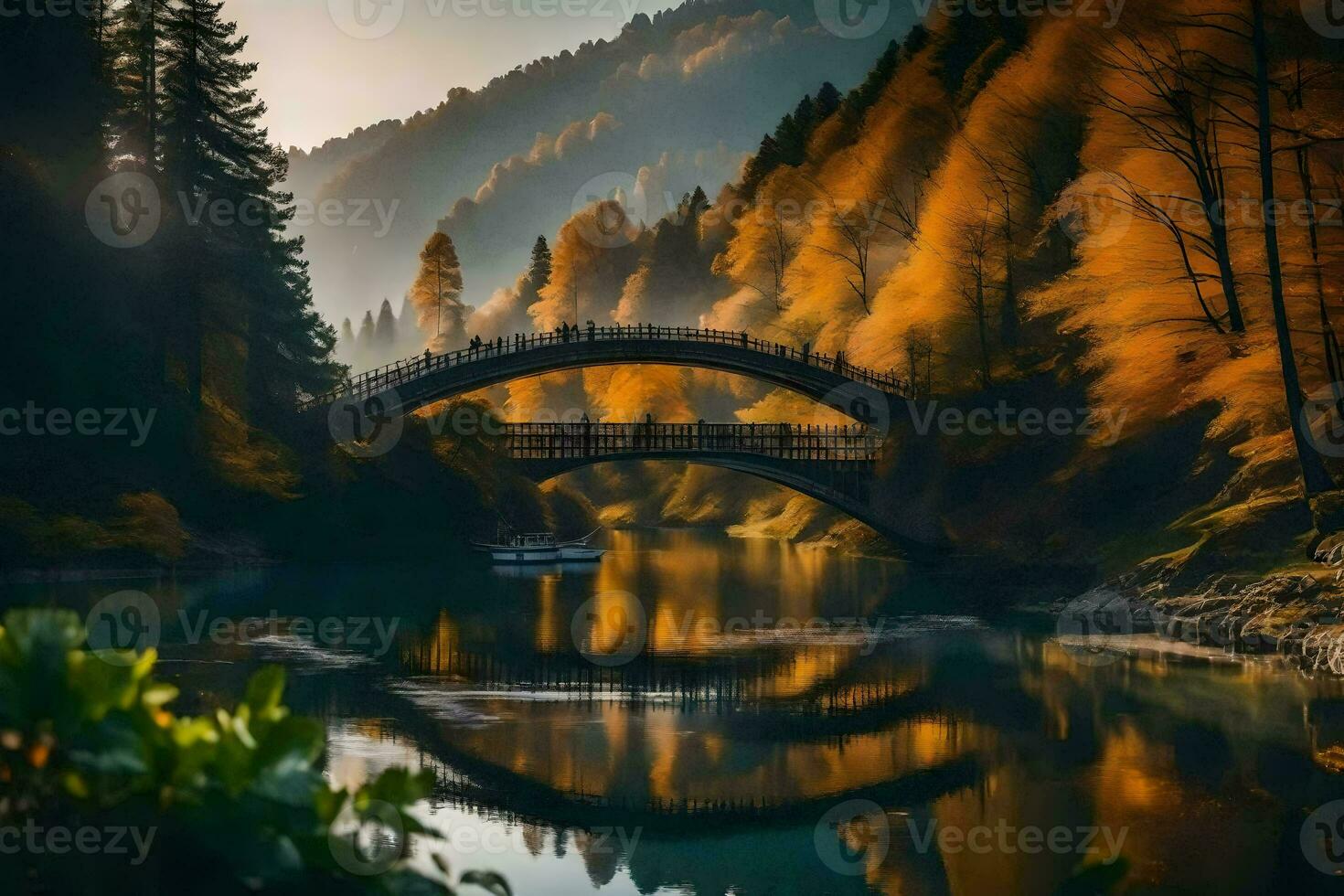 uma ponte sobre uma rio dentro a meio do uma floresta. gerado por IA foto