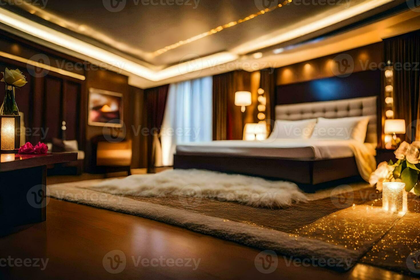 uma quarto com uma cama e velas. gerado por IA foto