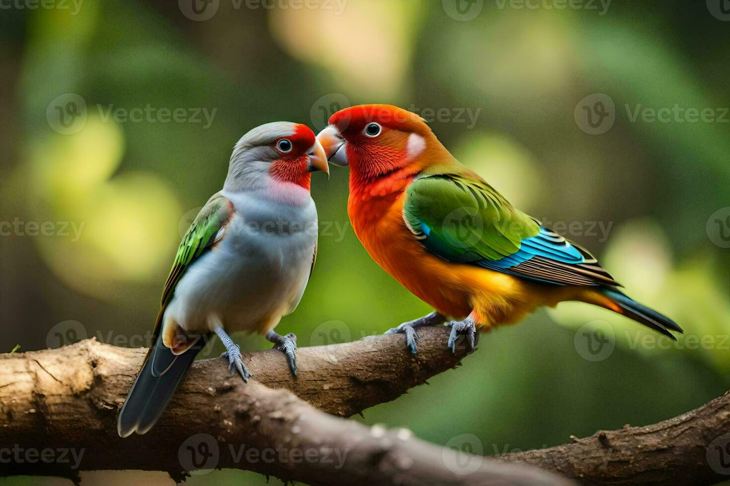 dois colorida pássaros sentado em uma ramo. gerado por IA foto