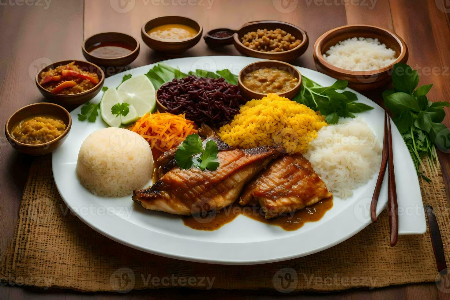 uma prato do Comida com arroz, carne e legumes. gerado por IA foto