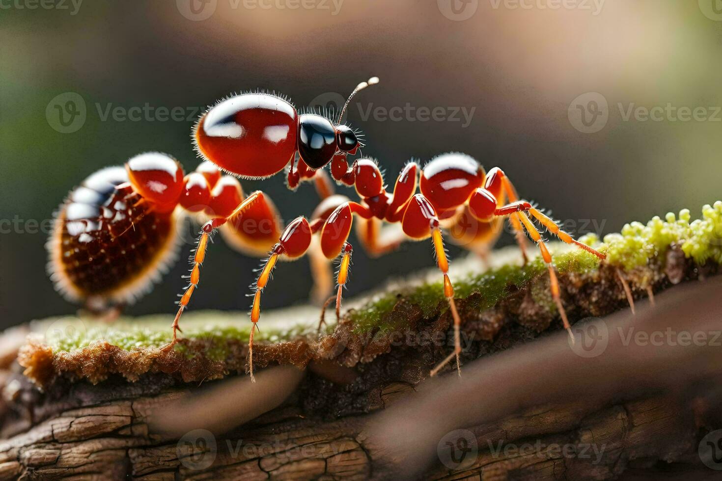 dois vermelho formigas em uma ramo. gerado por IA foto