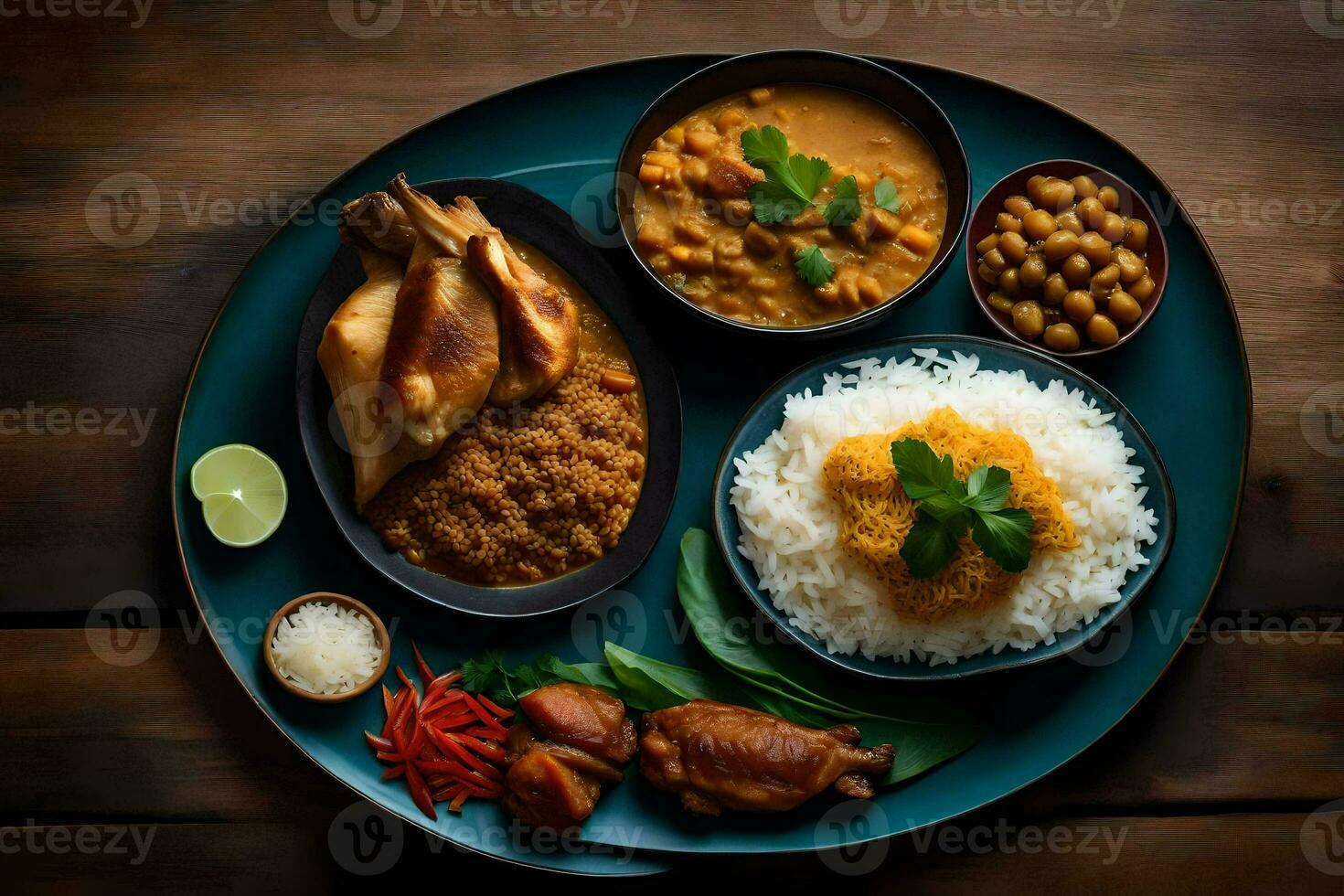 uma prato com arroz, frango e de outros Comida. gerado por IA foto