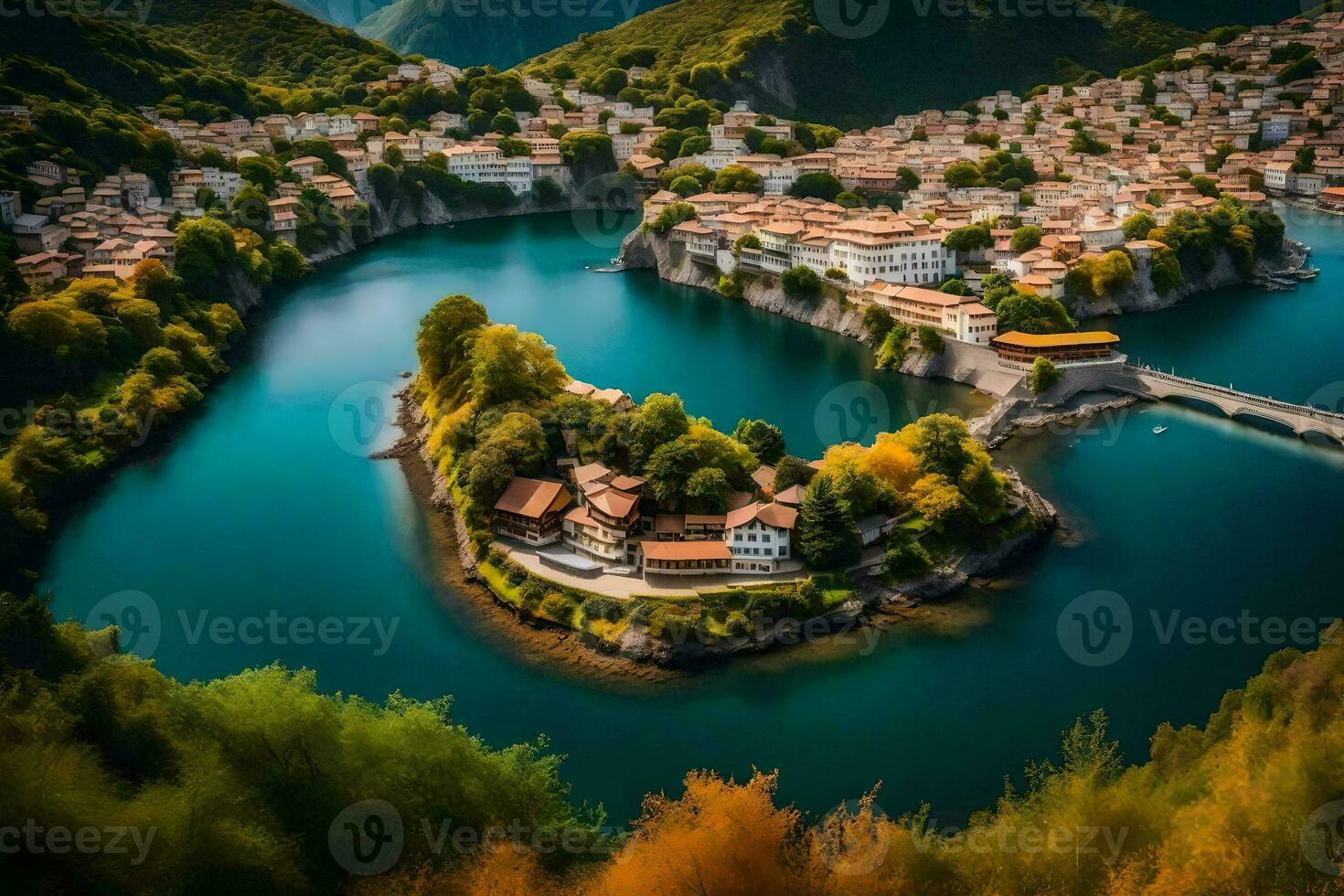 a cidade do histórias é cercado de água e montanhas. gerado por IA foto