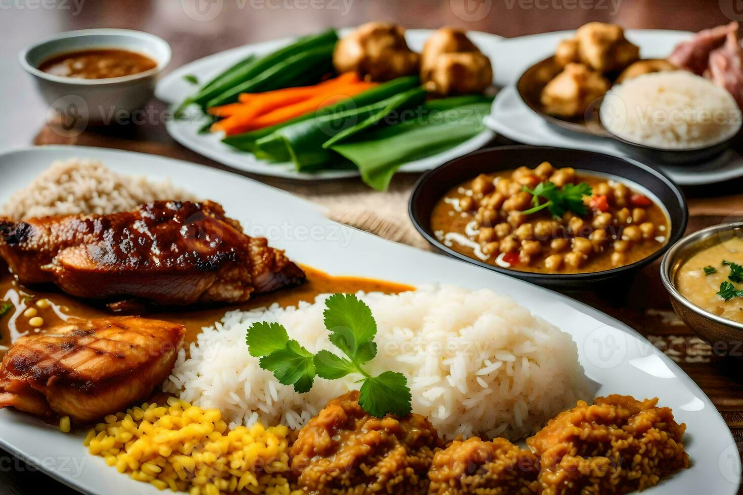 uma prato do Comida com arroz, carne e legumes. gerado por IA foto