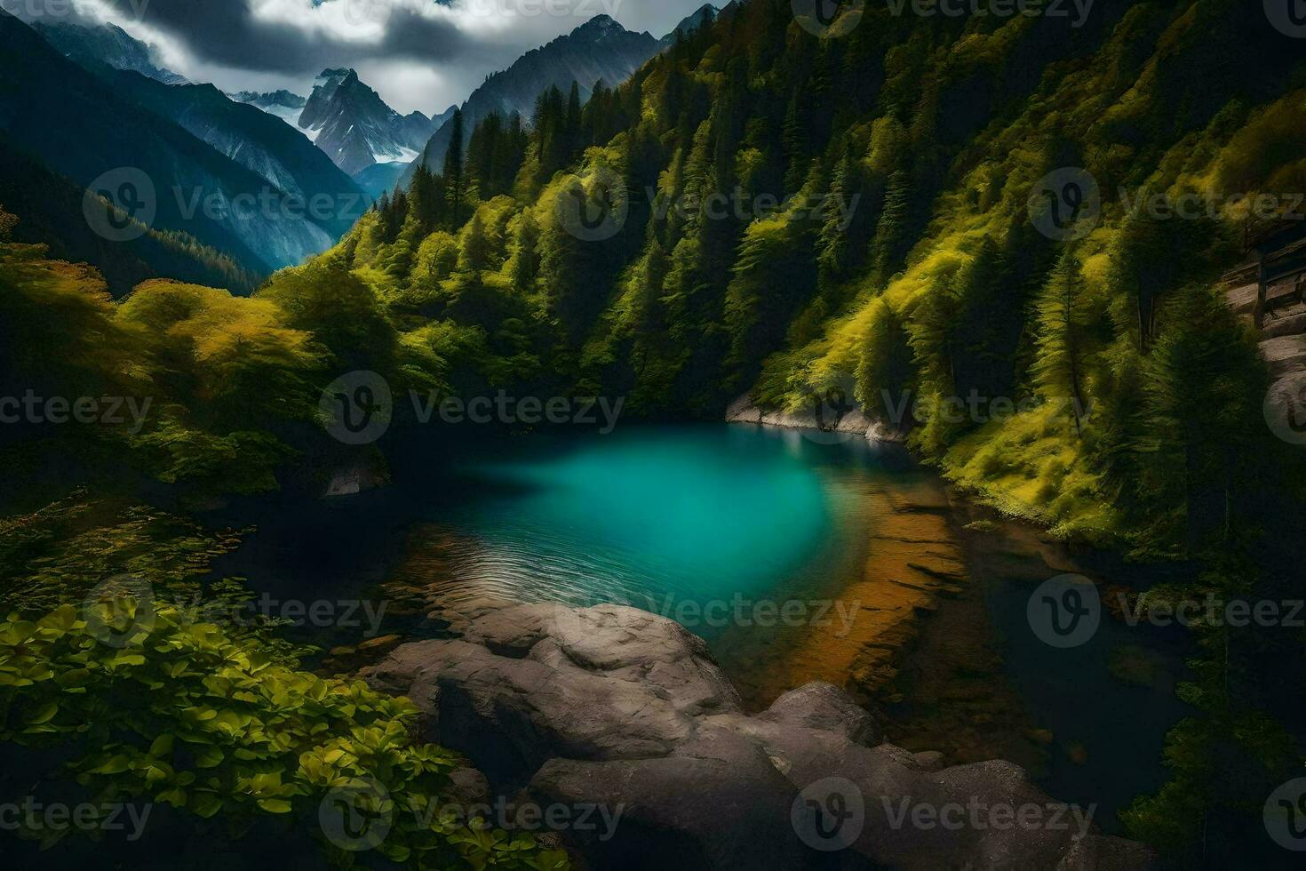 uma lago cercado de árvores e montanhas. gerado por IA foto