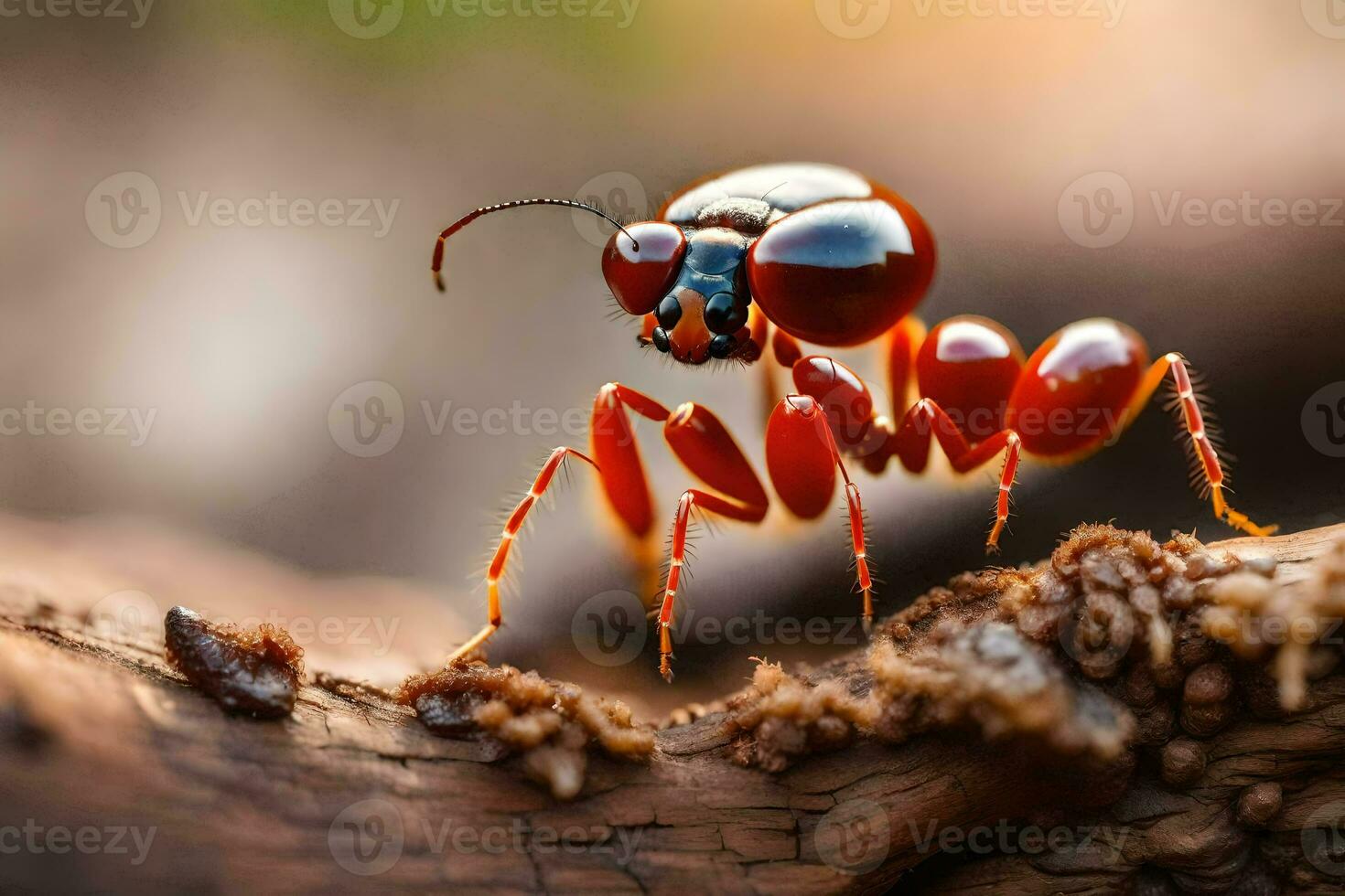 uma vermelho formiga formiga é em pé em uma ramo. gerado por IA foto