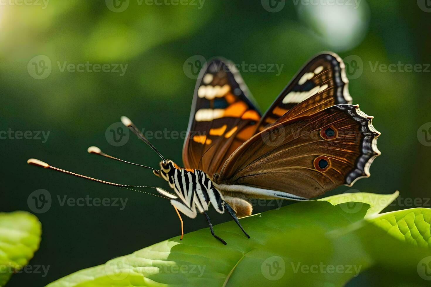 uma borboleta é sentado em uma verde folha. gerado por IA foto