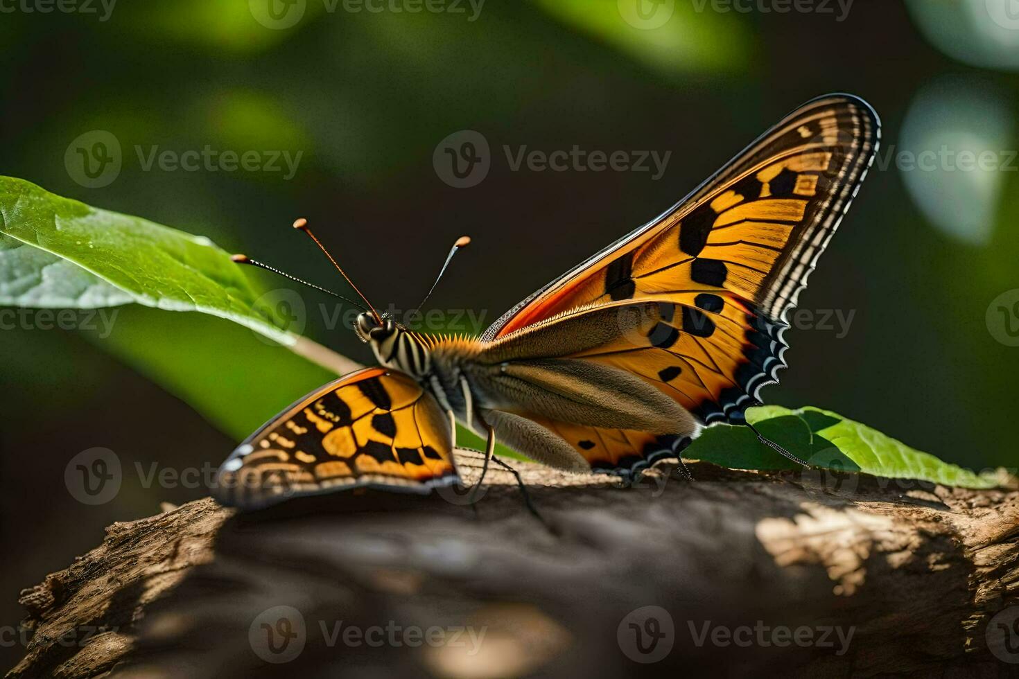 uma borboleta é sentado em uma ramo com folhas. gerado por IA foto