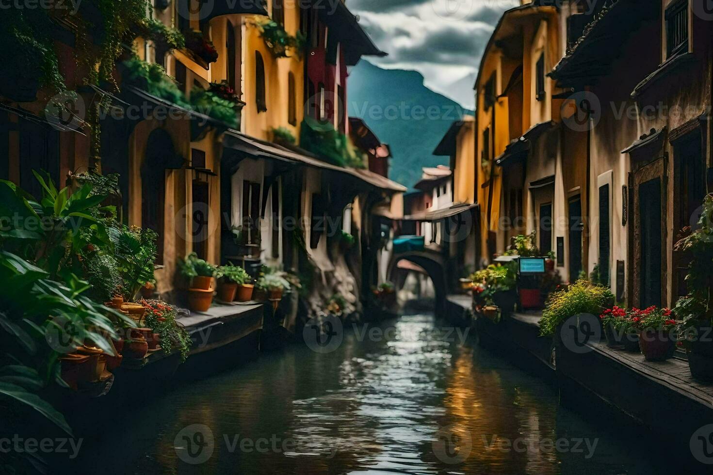 uma limitar canal dentro uma cidade com edifícios e plantas. gerado por IA foto