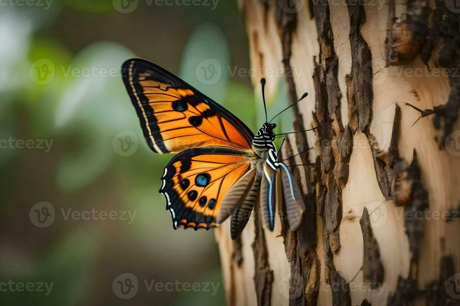 uma borboleta é empoleirado em uma árvore porta-malas. gerado por IA foto