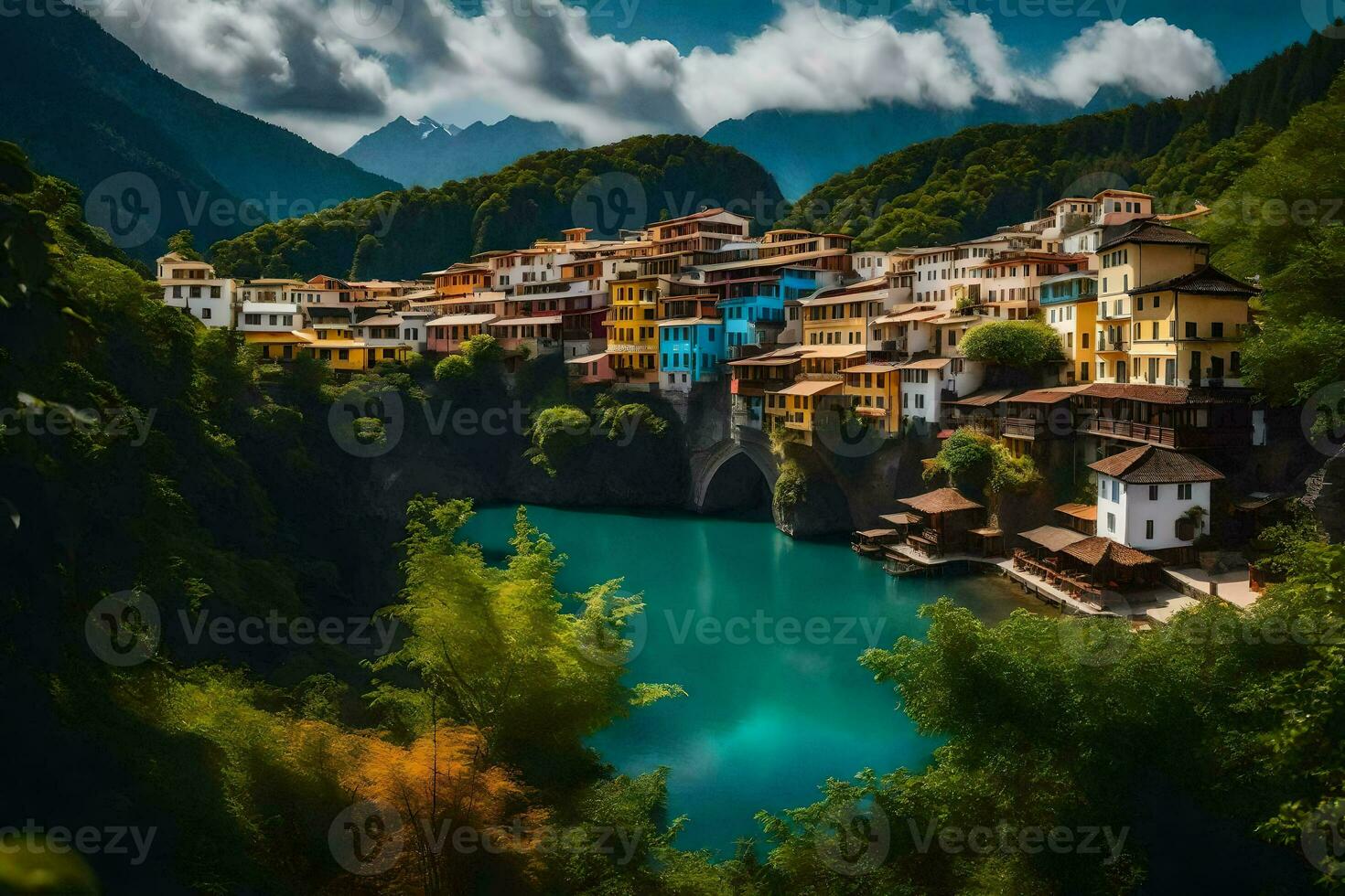 colorida casas e uma lago dentro a montanhas. gerado por IA foto