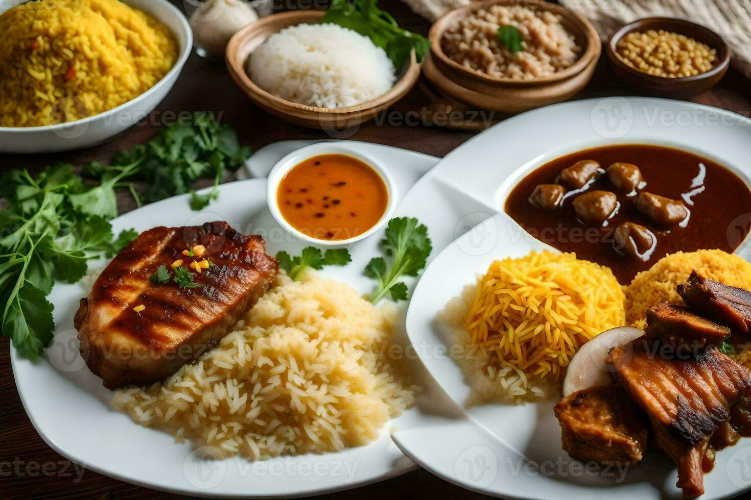uma mesa com arroz, carne e molho em isto. gerado por IA foto