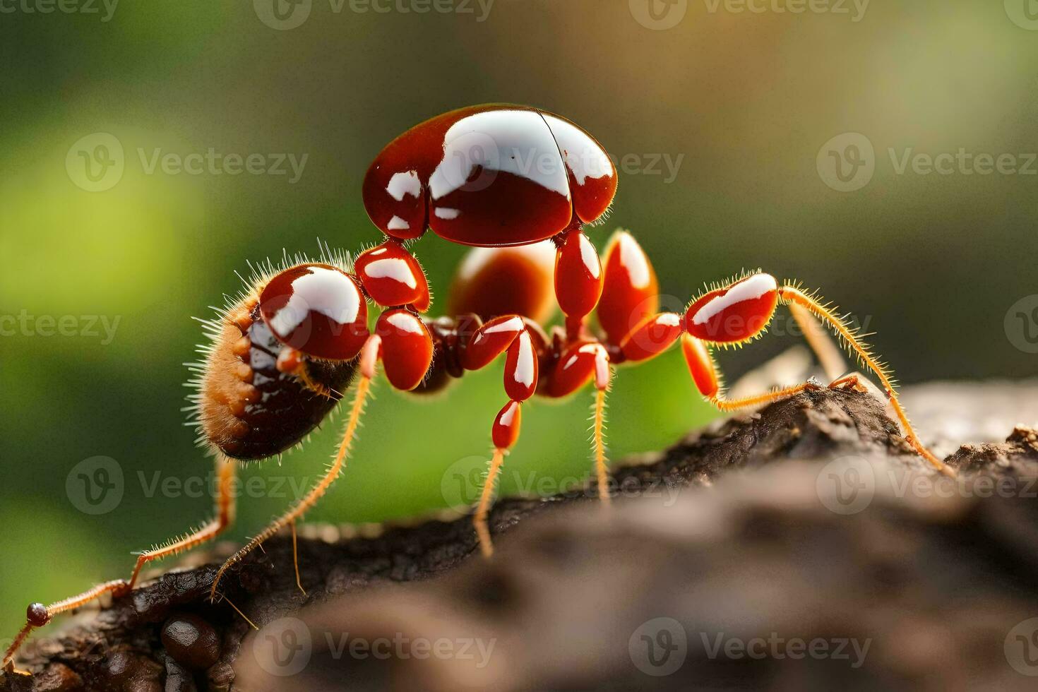 uma vermelho formiga com Está cabeça em a chão. gerado por IA foto