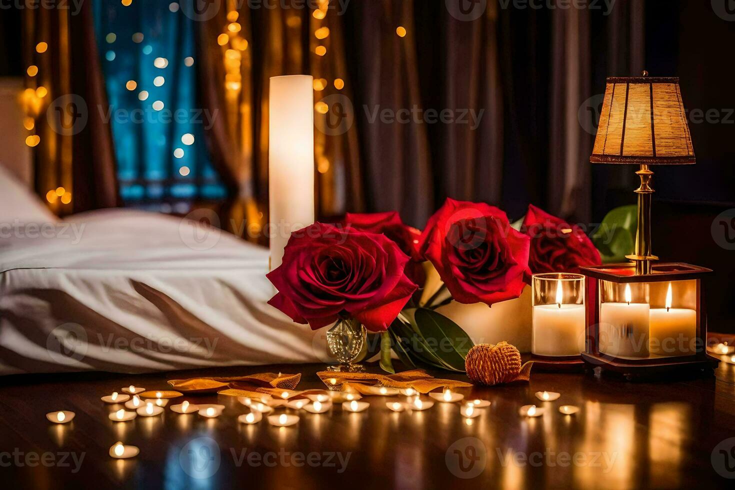 uma cama com velas e rosas em isto. gerado por IA foto