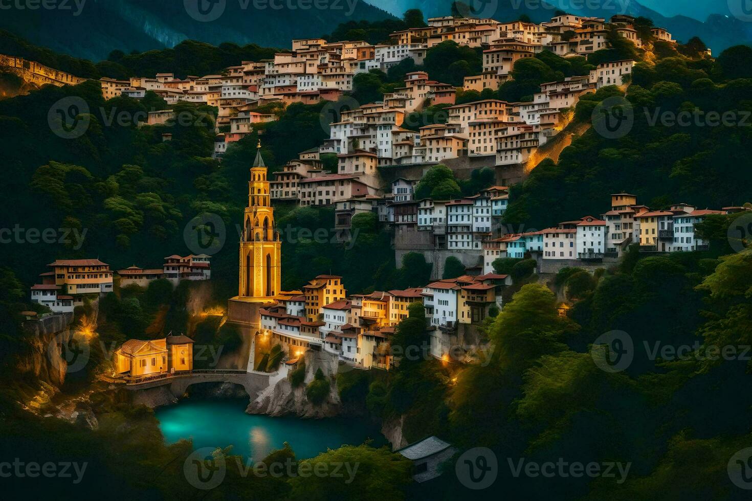 a cidade do Bulgária às noite. gerado por IA foto