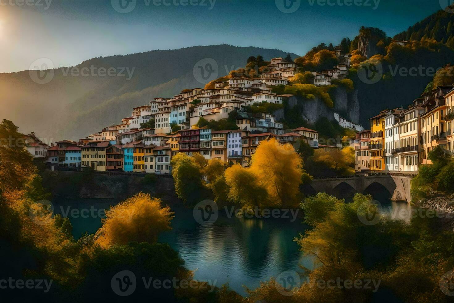 a Sol conjuntos sobre uma Cidade dentro a montanhas. gerado por IA foto