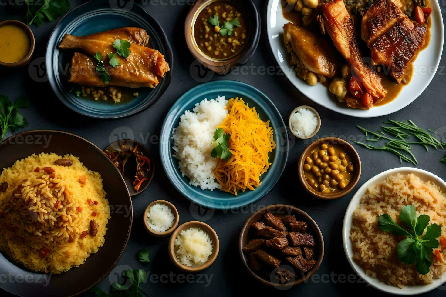 vários pratos do Comida estão arranjado em uma mesa. gerado por IA foto