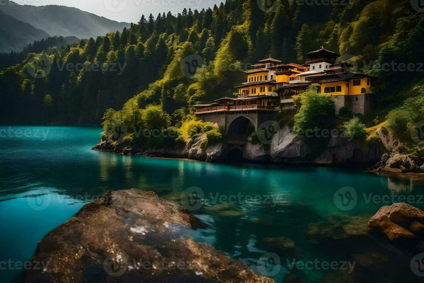 uma lindo lago cercado de montanhas e uma casa. gerado por IA foto