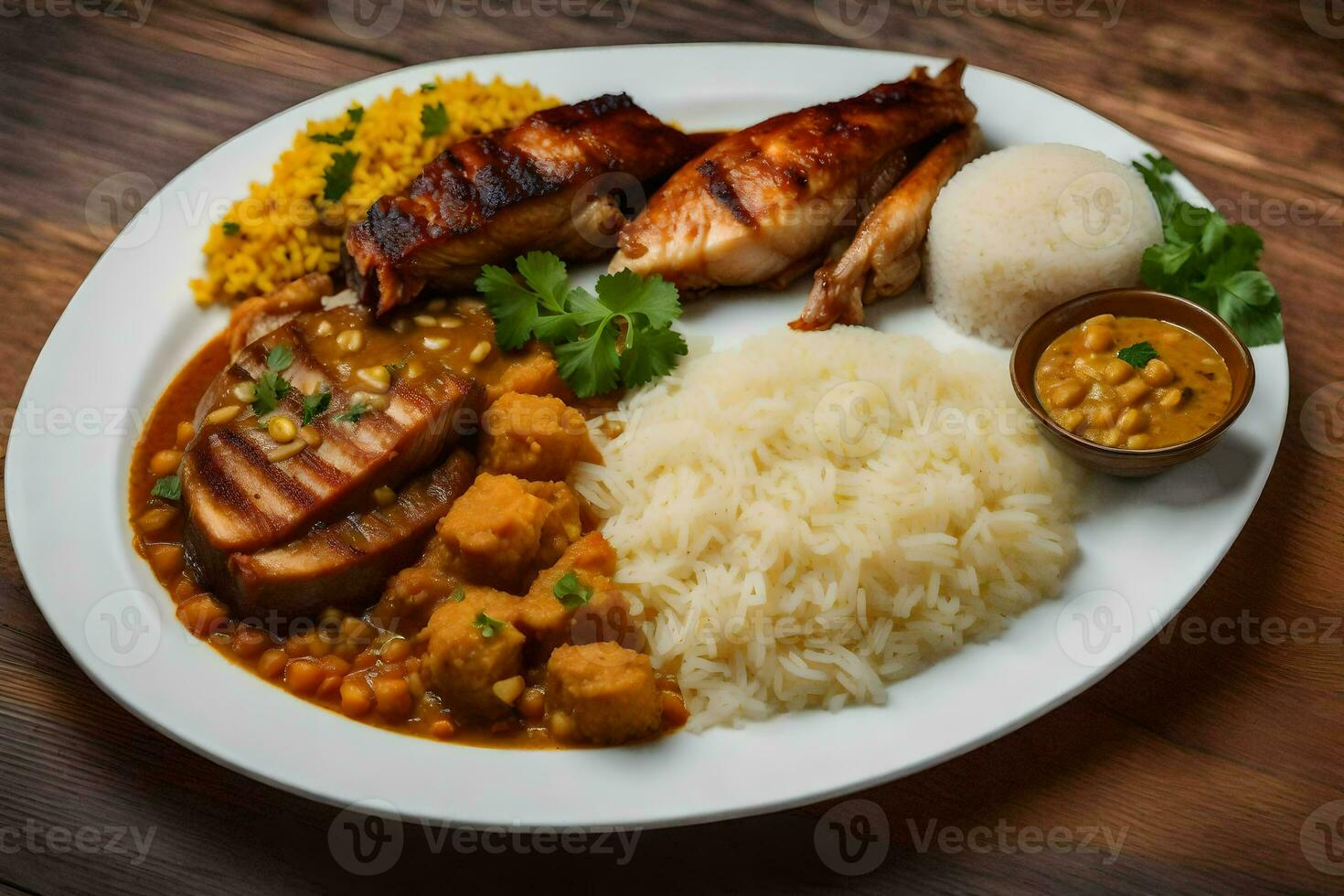 uma prato do Comida com arroz, frango e feijões. gerado por IA foto
